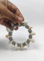 Elegant White Bead & Silver Floral Stretch Bracelet | Ethnic & Western Wear Accessory - Image 3