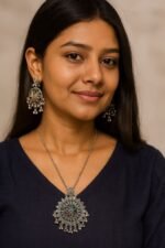 Oxidised Silver Necklace Set with Colorful Floral Pendant & Earrings | Traditional Ethnic Jewellery Set - Image 2
