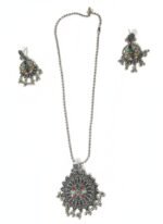 Oxidised Silver Necklace Set with Colorful Floral Pendant & Earrings | Traditional Ethnic Jewellery Set - Image 3
