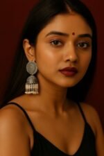 Antique Silver Oxidised Jhumka Earrings with White Pearl Drops | Traditional Ethnic Jewellery - Image 2