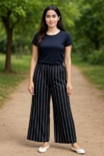 Black & White Striped Plazo Pants for Women | Casual & Daily Wear by AT - Image 4