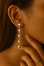Golden Long Layered Pearl Drop Earrings | Elegant Statement Earrings by ADRI TRIBE - Image 2
