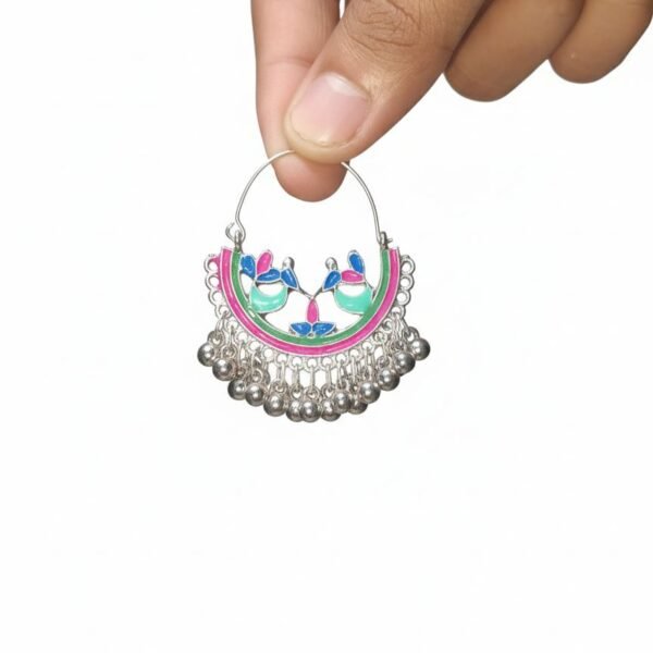 Handcrafted Meenakari Tribal Hoop Earrings with Ghungroo for Women | Ethnic Silver Finish Jhumki | ADRI TRIBE