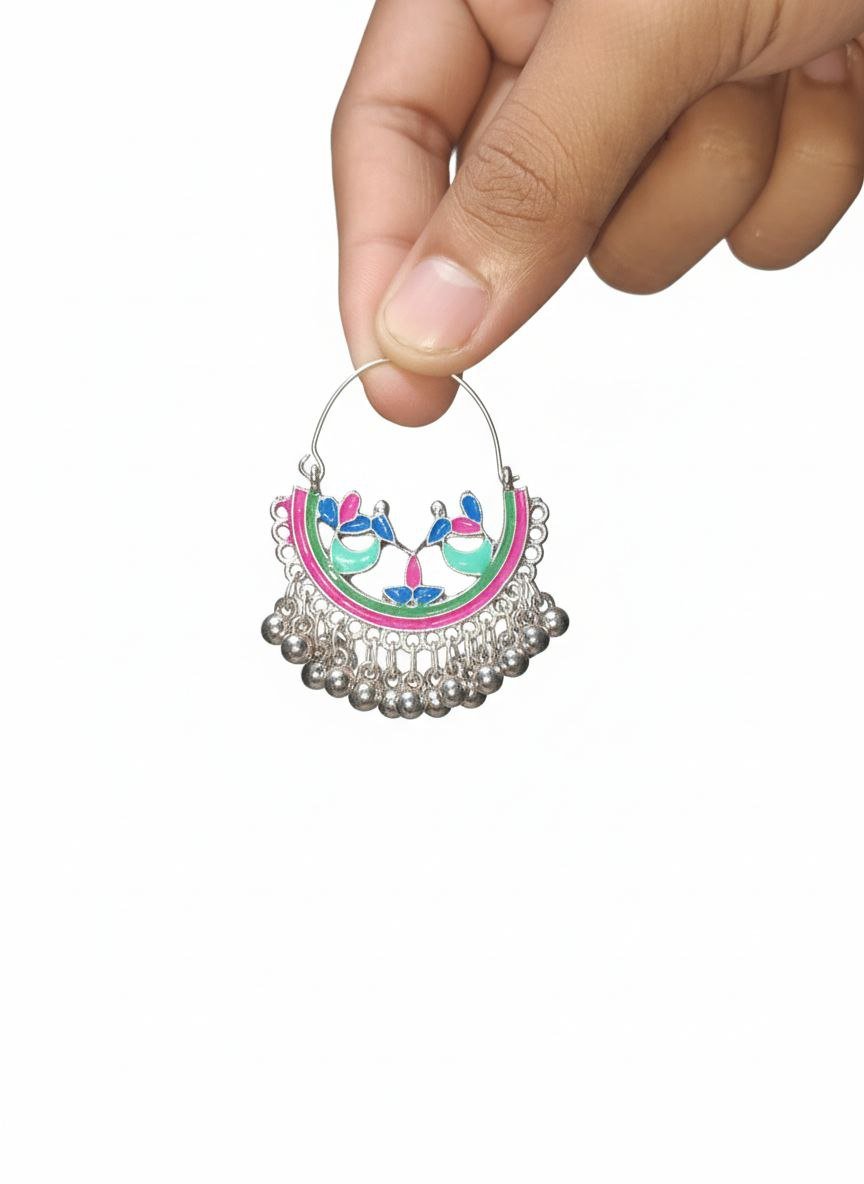 photo_2025-10-04_16-00-57 Handcrafted Meenakari Tribal Hoop Earrings with Ghungroo for Women | Ethnic Silver Finish Jhumki | ADRI TRIBE - Image 1