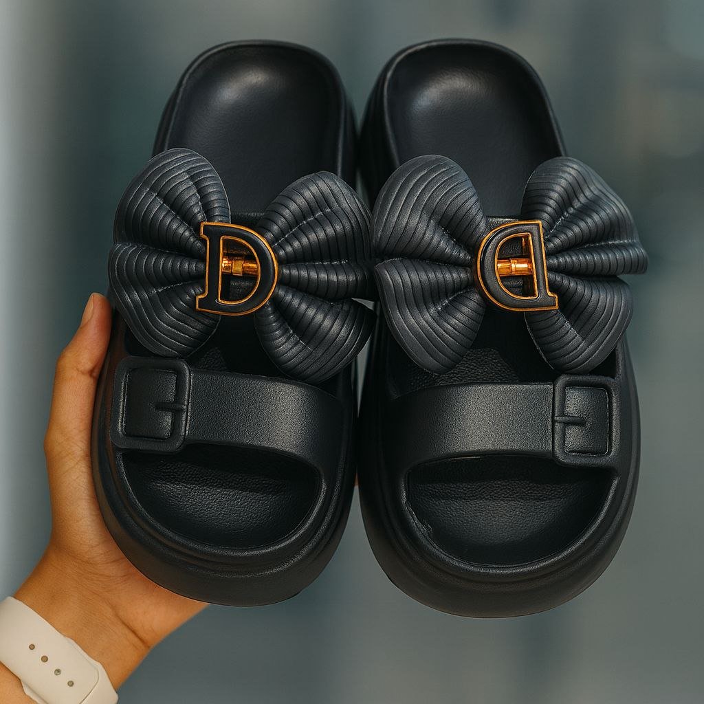 photo_2025-10-04_19-24-10 Trendy Bow Design Black Slides for Women & Girls | Stylish & Comfortable Daily Wear Slippers | ADRI TRIBE - Image 1