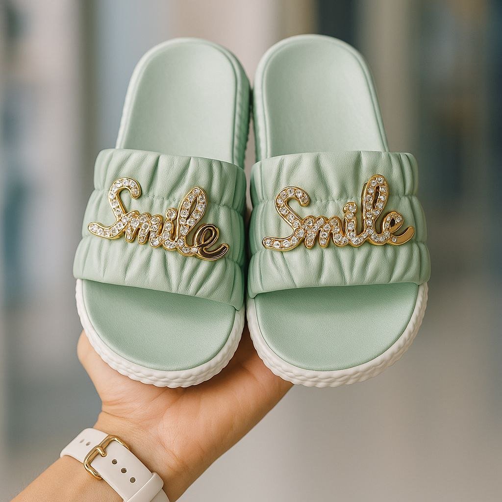 photo_2025-10-04_19-32-42 Trendy “Smile” Embellished Mint Green Slides for Women & Girls | Stylish Daily Wear Slippers | ADRI TRIBE - Image 1