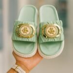 Premium Golden Emblem Mint Green Slides for Women & Girls | Stylish Daily Wear Slippers | ADRI TRIBE