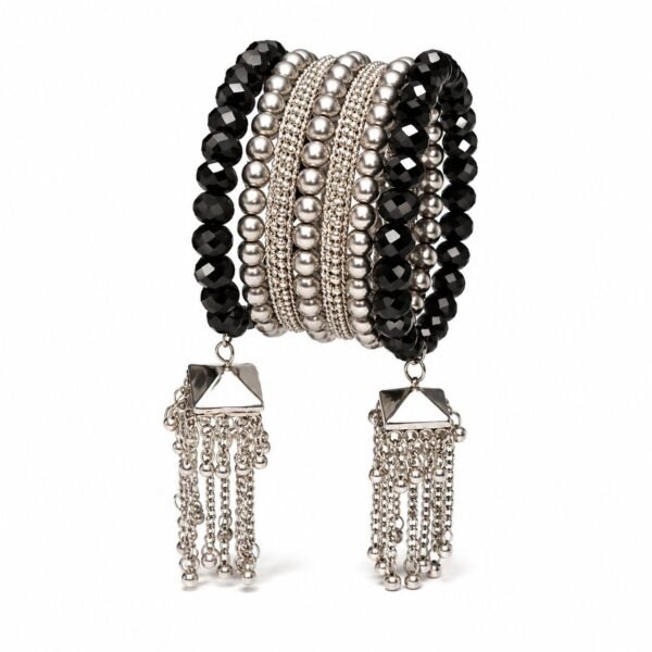 Oxidised Silver Black Beads Statement Bangle with Chain Tassels | Traditional Ethnic Jewellery | ADRI TRIBE