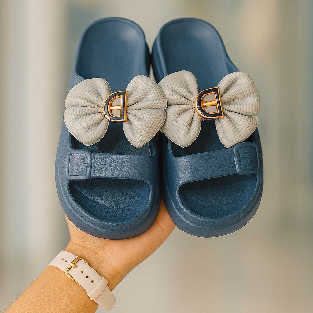 sliper2 Trendy Bow Design Blue Slides for Women & Girls | Stylish Daily Wear Slippers | ADRI TRIBE - Image 1