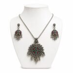 Oxidised Silver Necklace Set with Colorful Floral Pendant & Earrings | Traditional Ethnic Jewellery Set
