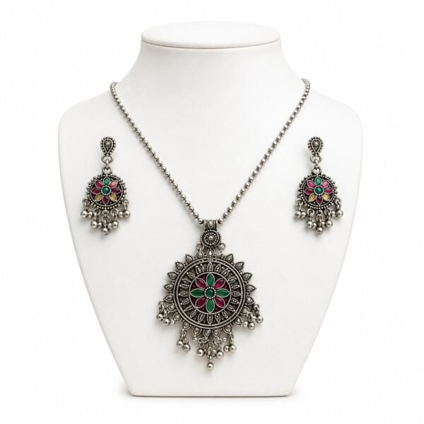 Oxidised Silver Necklace Set with Colorful Floral Pendant & Earrings | Traditional Ethnic Jewellery Set