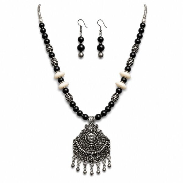Oxidised German Silver Tribal Pendant Necklace Set with Cowrie Shell Beads | Ethnic Boho Jewellery for Women | ADRI TRIBE