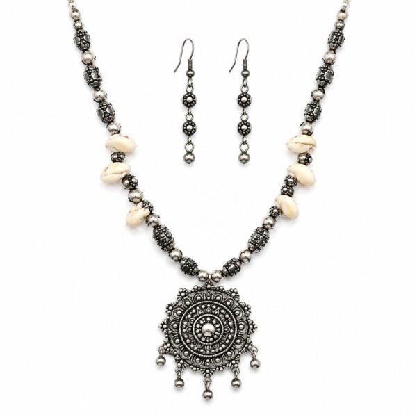 Oxidised German Silver Cowrie Shell Beaded Necklace Set for Women | Ethnic Tribal Jewellery | ADRI TRIBE