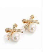 Luxury Pearl Bow Stud Earrings for Women | Gold Plated Crystal Ribbon Designer Earrings