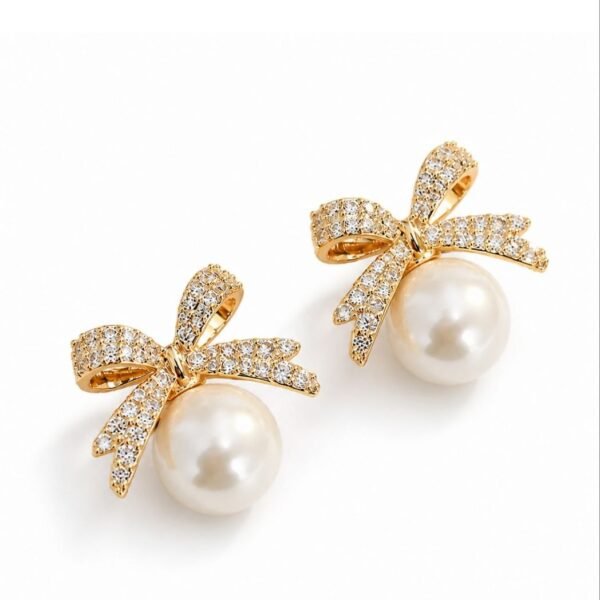 Luxury Pearl Bow Stud Earrings for Women | Gold Plated Crystal Ribbon Designer Earrings