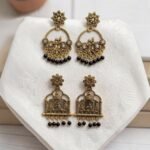 Combo Pack of 2 Traditional Antique Gold Ethnic Earrings for Women | Radha Krishna & Temple Design Statement Earrings - Image 2