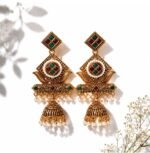 Traditional Multicolor Stone Jhumka Earrings for Women | Antique Gold Plated Ethnic Pearl Drop Earrings - Image 2
