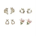 4 Pairs Korean Style Earrings Set for Women | Pearl, Zircon, Butterfly & Floral Stud Earrings Combo