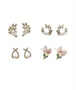 4 Pairs Korean Style Earrings Set for Women | Pearl, Zircon, Butterfly & Floral Stud Earrings Combo