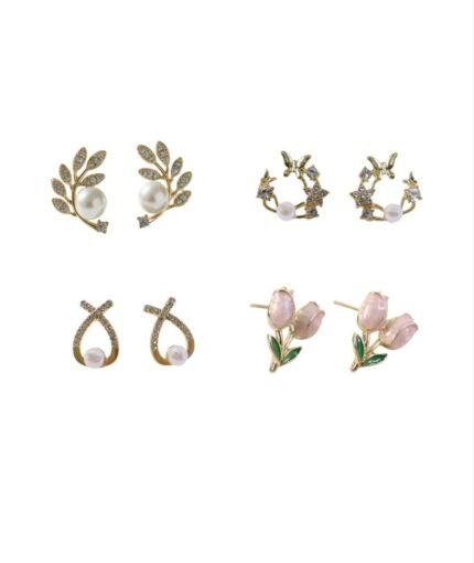 4 Pairs Korean Style Earrings Set for Women | Pearl, Zircon, Butterfly & Floral Stud Earrings Combo