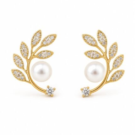 Luxury Pearl Leaf Design Gold-Plated Stud Earrings for Women | Elegant Party & Daily Wear Earrings