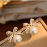 Luxury Pearl Bow Stud Earrings for Women | Gold Plated Crystal Ribbon Designer Earrings - Image 3