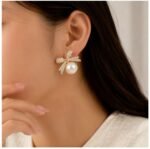 Luxury Pearl Bow Stud Earrings for Women | Gold Plated Crystal Ribbon Designer Earrings - Image 4