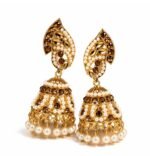 Traditional Pearl & Brown Stone Jhumka Earrings for Women | Gold Plated Bridal Party Wear Earrings
