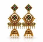 Traditional Multicolor Stone Jhumka Earrings for Women | Antique Gold Plated Ethnic Pearl Drop Earrings