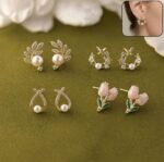 4 Pairs Korean Style Earrings Set for Women | Pearl, Zircon, Butterfly & Floral Stud Earrings Combo - Image 4