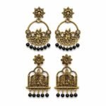 Combo Pack of 2 Traditional Antique Gold Ethnic Earrings for Women | Radha Krishna & Temple Design Statement Earrings