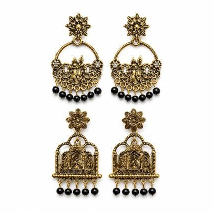 Combo Pack of 2 Traditional Antique Gold Ethnic Earrings for Women | Radha Krishna & Temple Design Statement Earrings