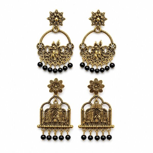 Combo Pack of 2 Traditional Antique Gold Ethnic Earrings for Women | Radha Krishna & Temple Design Statement Earrings