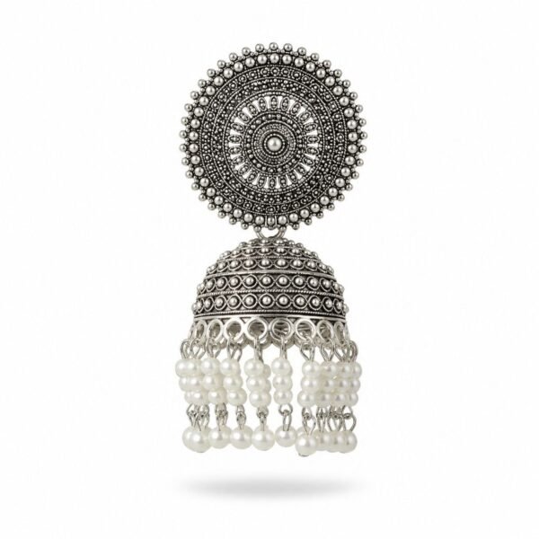 Antique Silver Oxidised Jhumka Earrings with White Pearl Drops | Traditional Ethnic Jewellery