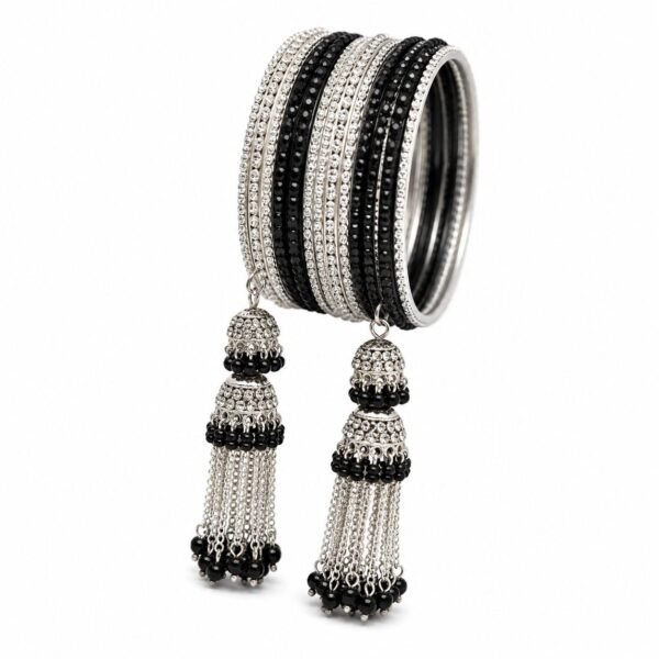 Traditional Oxidised Black & Silver Bangles with Tassel Latkan for Women | Ethnic Bridal Chura Style | ADRI TRIBE
