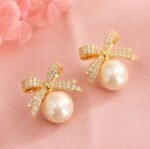 Luxury Pearl Bow Stud Earrings for Women | Gold Plated Crystal Ribbon Designer Earrings - Image 6